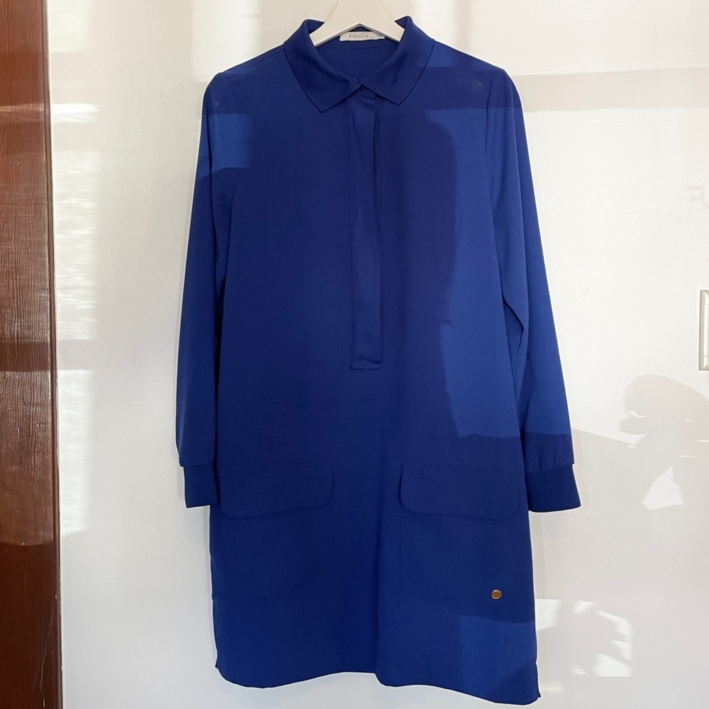FRNCH Azure Blue Collared Dress with Sleeves + Pockets